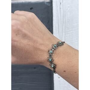 Southwestern Sterling Silver Turquoise Cuff Bracelet Floral Openwork Design Boho